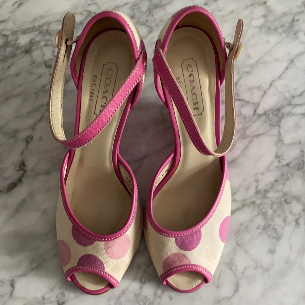 Coach “Josephine” pink/cream peep-toe wedge, sz. 6
